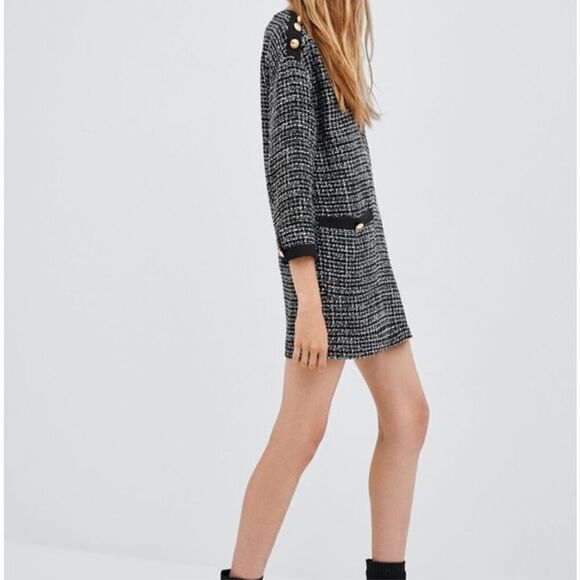 ZARA | TRF Collection Black White Tweed Shift Dress Gold Buttons Mini | Medium - Picture 3 of 16